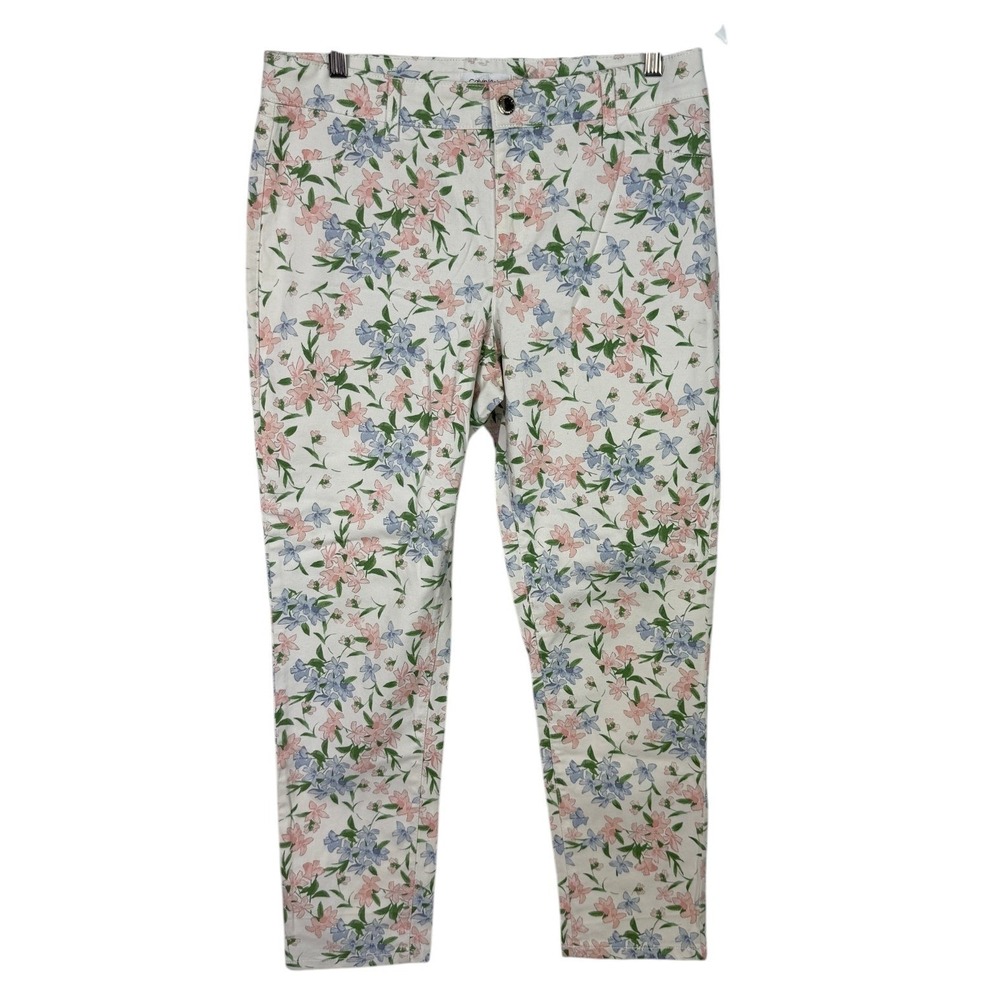 Calvin Klein Floral Skinny Pants Womens Sz 10 Pink Blue White Stretch Crop Ankle - Picture 4 of 6